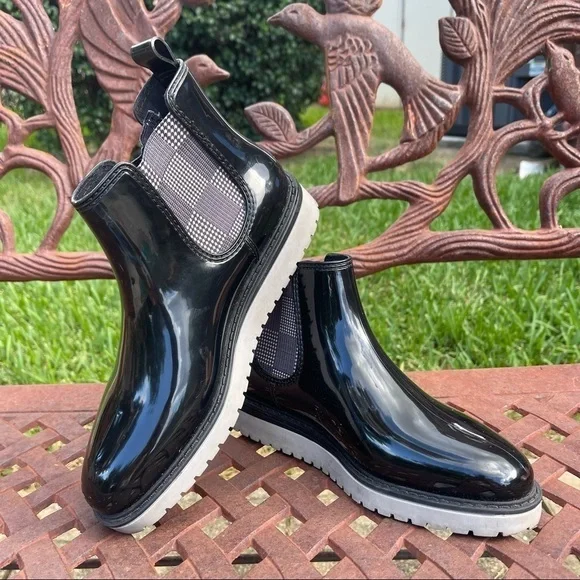 Storm by Cougar Black Patent Plaid Goring Waterproof Short Rain Boots - Picture 8 of 12